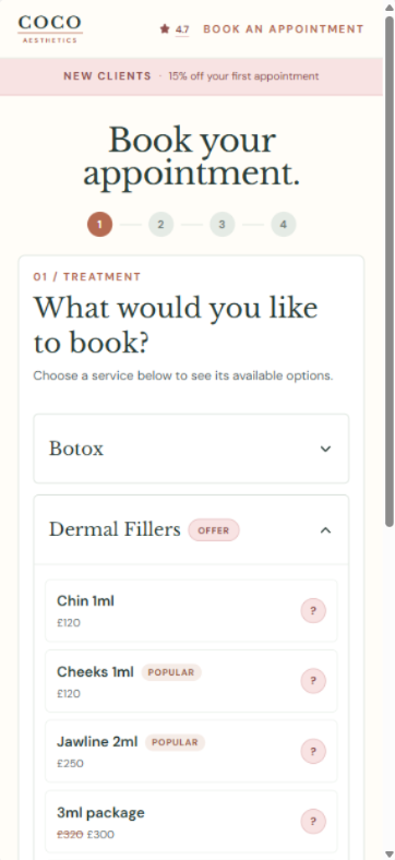 Coco Aesthetics treatment booking page shown on a tablet