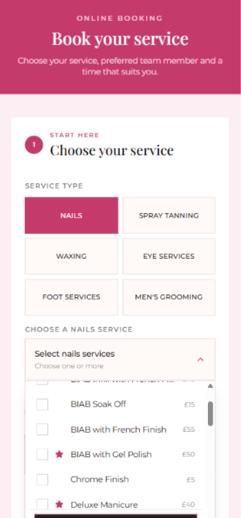 Ginette's Nails & Beauty service booking page shown on a mobile phone