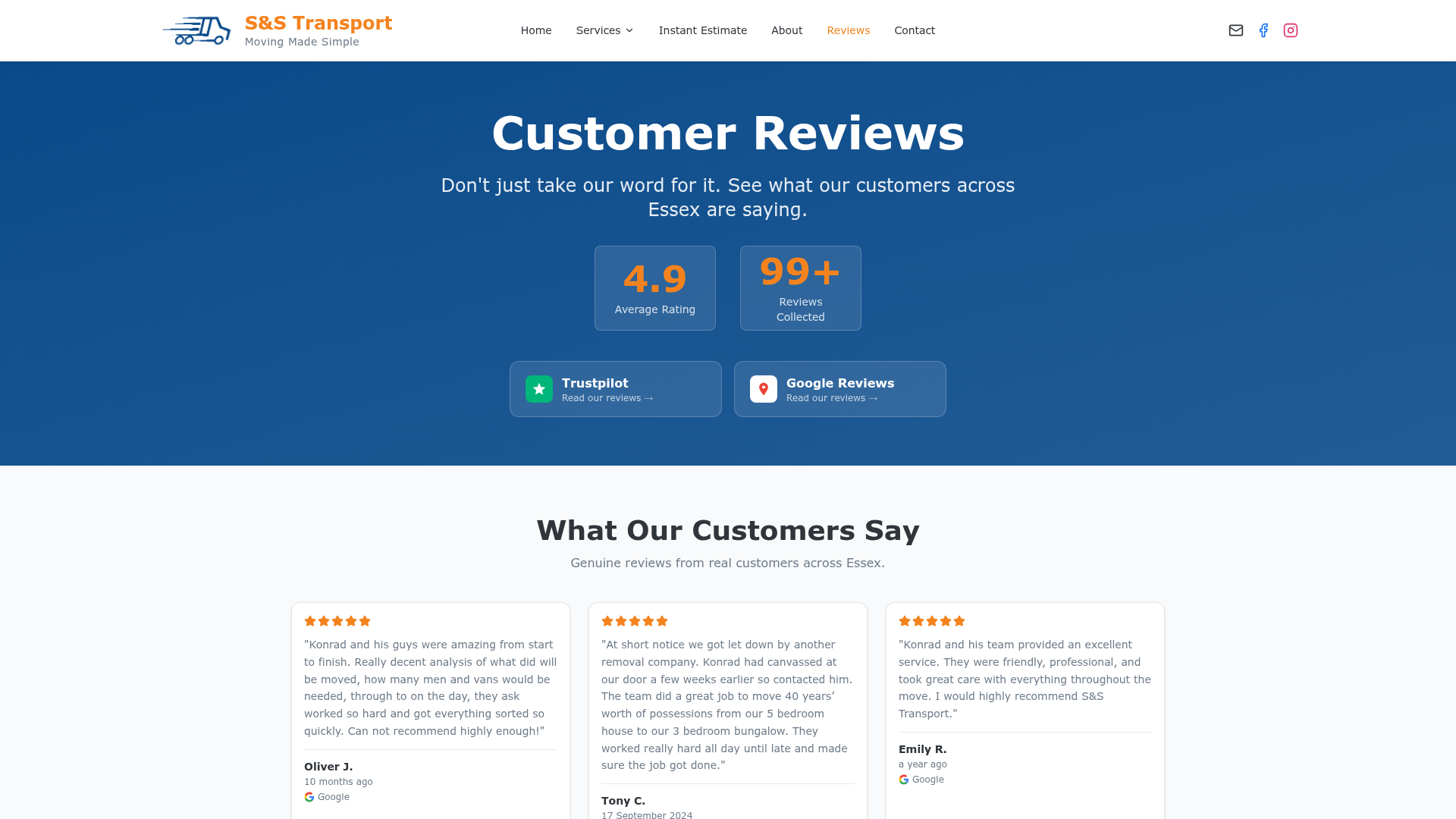 S&S Transport customer reviews page shown on a tablet