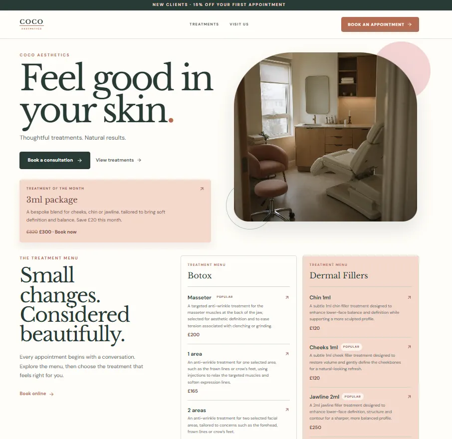 Coco Aesthetics website homepage, a professional small business website