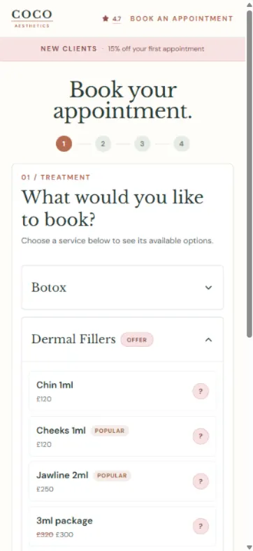 Coco Aesthetics booking flow on mobile, choosing a treatment and time
