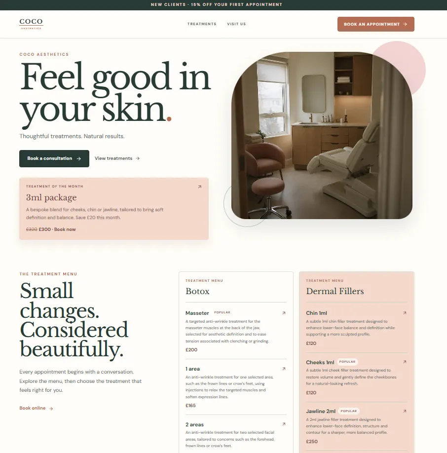Scrolling desktop view of the Coco Aesthetics homepage
