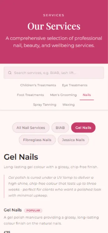 Ginette's Nails & Beauty services page on mobile, browsing gel nail treatments and pricing