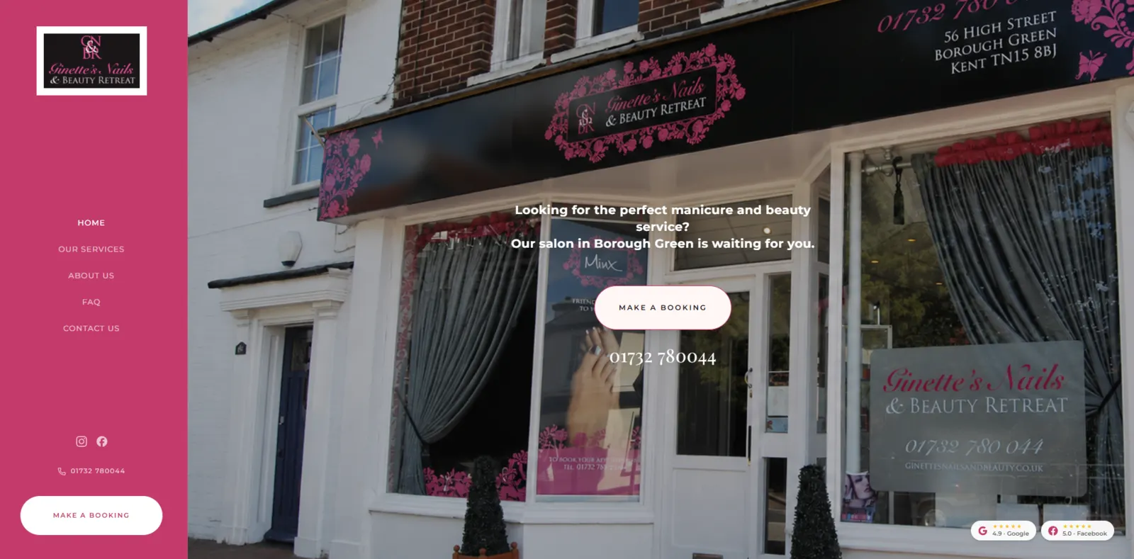 Scrolling desktop view of the Ginette's Nails & Beauty homepage